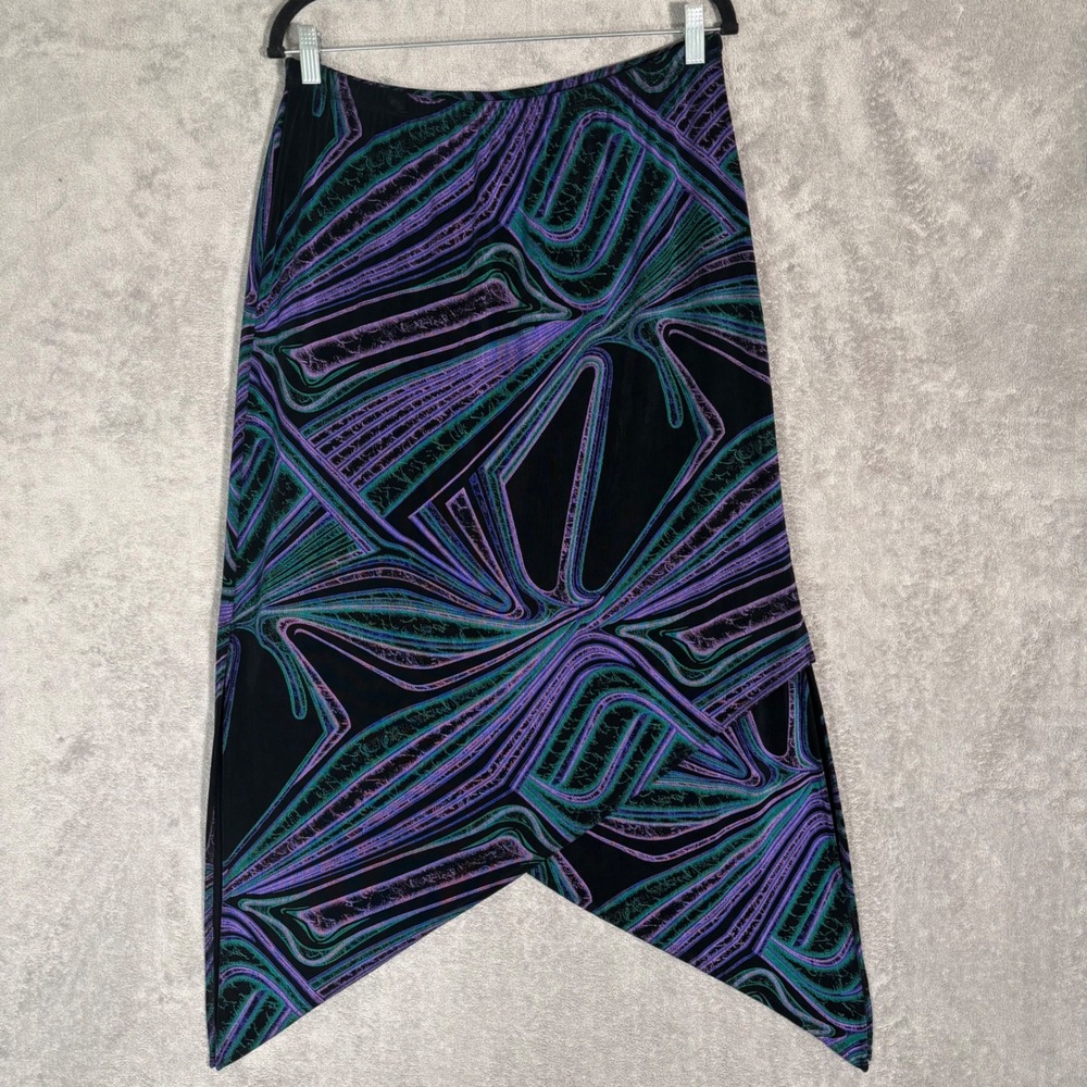 Chicos Travelers Asymmetrical Sharkbite Midi Skirt Purple Teal Abstract Size 2 L